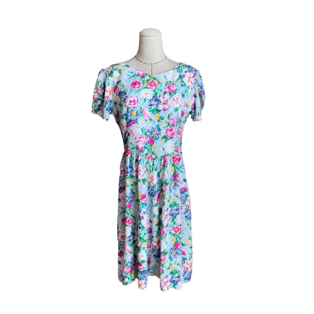 Vintage 80s Lanz Rayon Floral Dress Sweet Cottage Tea Dress Petite Medium